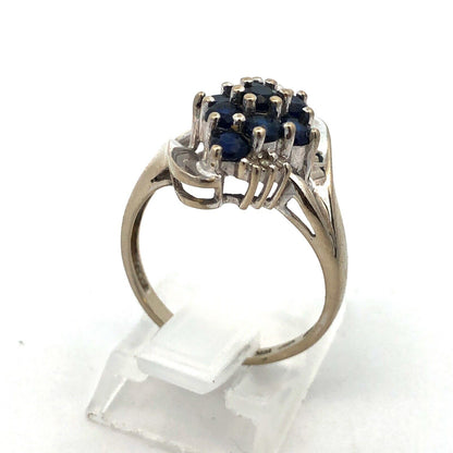 Designer 10K White Gold Round Sapphire Cluster W/Diamond Accents Cocktail Ring