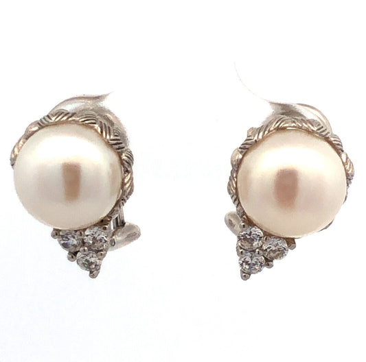 Judith Ripka 925 Sterling Silver Pearl Cubic Zirconia Omega Back Stud Earrings