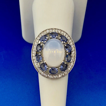 925 Sterling Silver Moonstone Tanzanite Diamond Double Halo Statement Ring