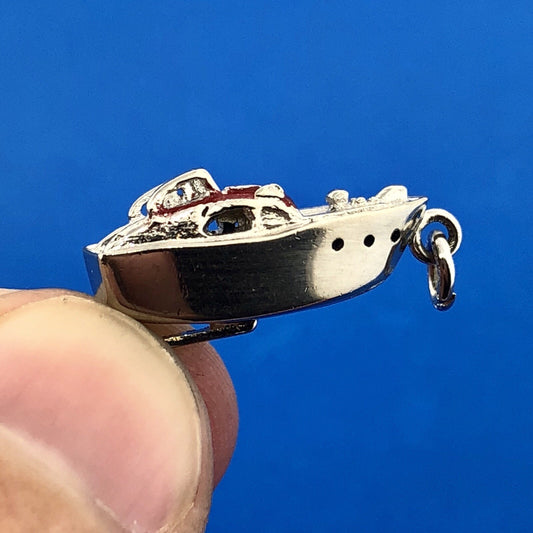 Vintage Designer WELLS 925 Sterling Silver 3D Red Enamel Speed Ski Boat Charm