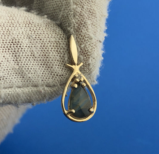 Gorgeous 14k Yellow Gold Cabochon Pear Hematite Diamond Teardrop Pendant