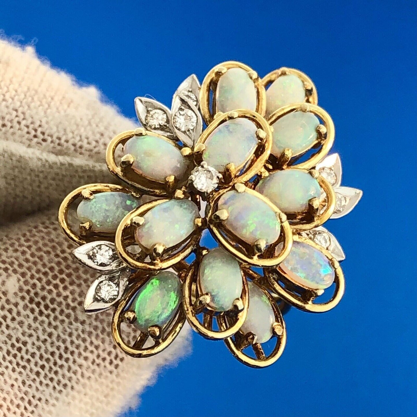 Lovely 14k Yellow Gold Opal Diamond Accent Floral Cluster Freeform Ring