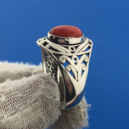Designer MGC Sterling Silver 925 Oval Red Coral Filigree Scroll Cocktail Ring