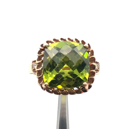 14K Yellow Gold Square Cushion Sparkling Chartreuse Green Cz Statement Dome Ring
