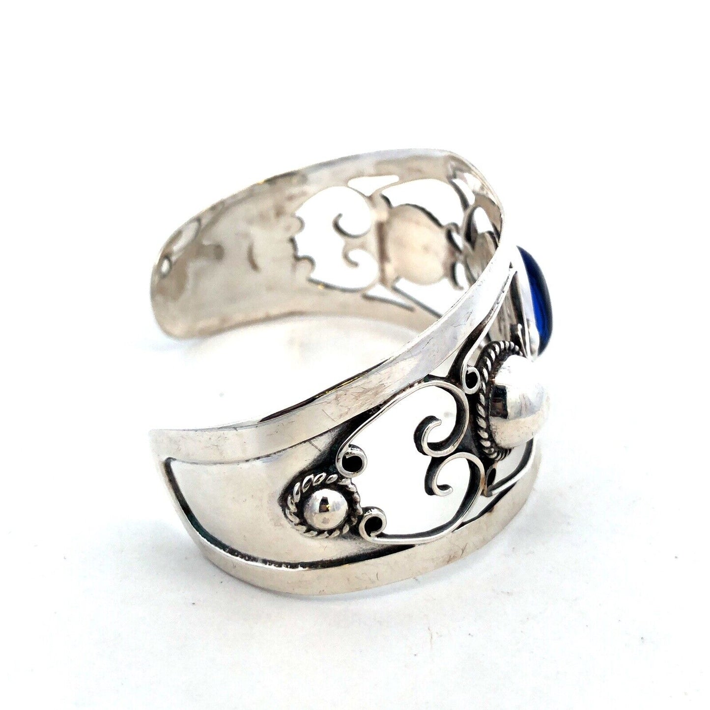 Designer Iguala Mexico 925 Sterling Silver Blue Glass Statement Cuff Bracelet