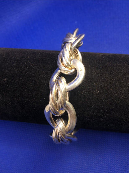 Designer Eursa Italy 925 Sterling Silver Oval Polished Ribbed Link Bracelet