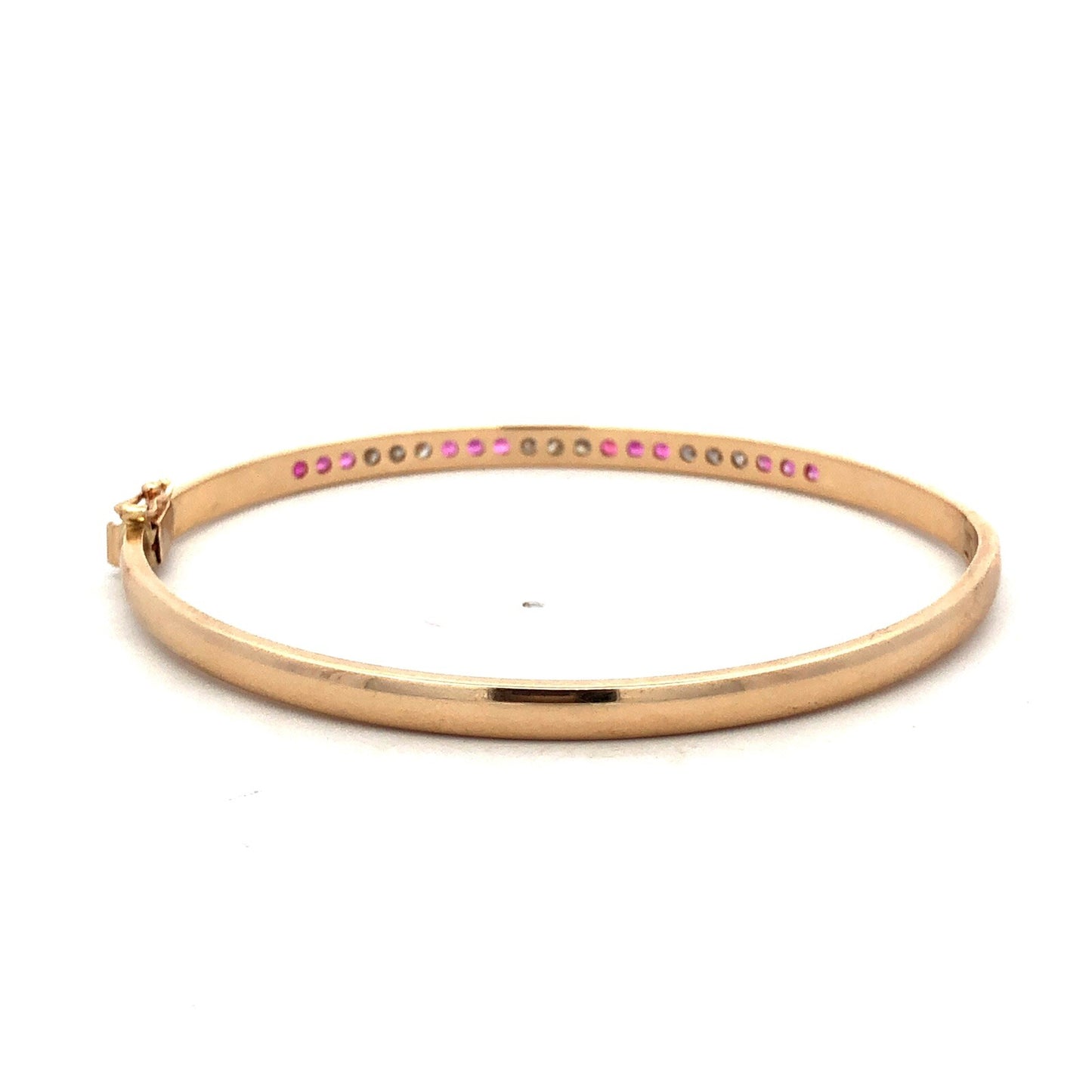 Designer 14K Yellow Gold Channel Set Round Ruby Diamond Hinged Bangle Bracelet