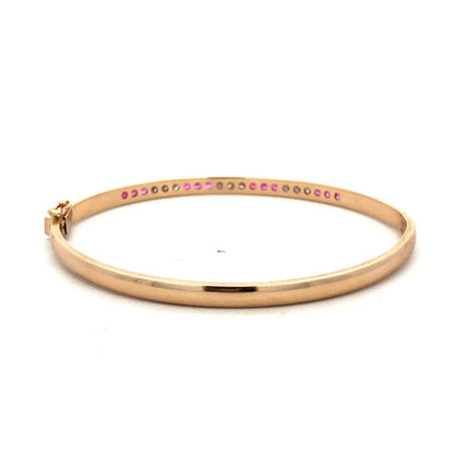Designer 14K Yellow Gold Channel Set Round Ruby Diamond Hinged Bangle Bracelet