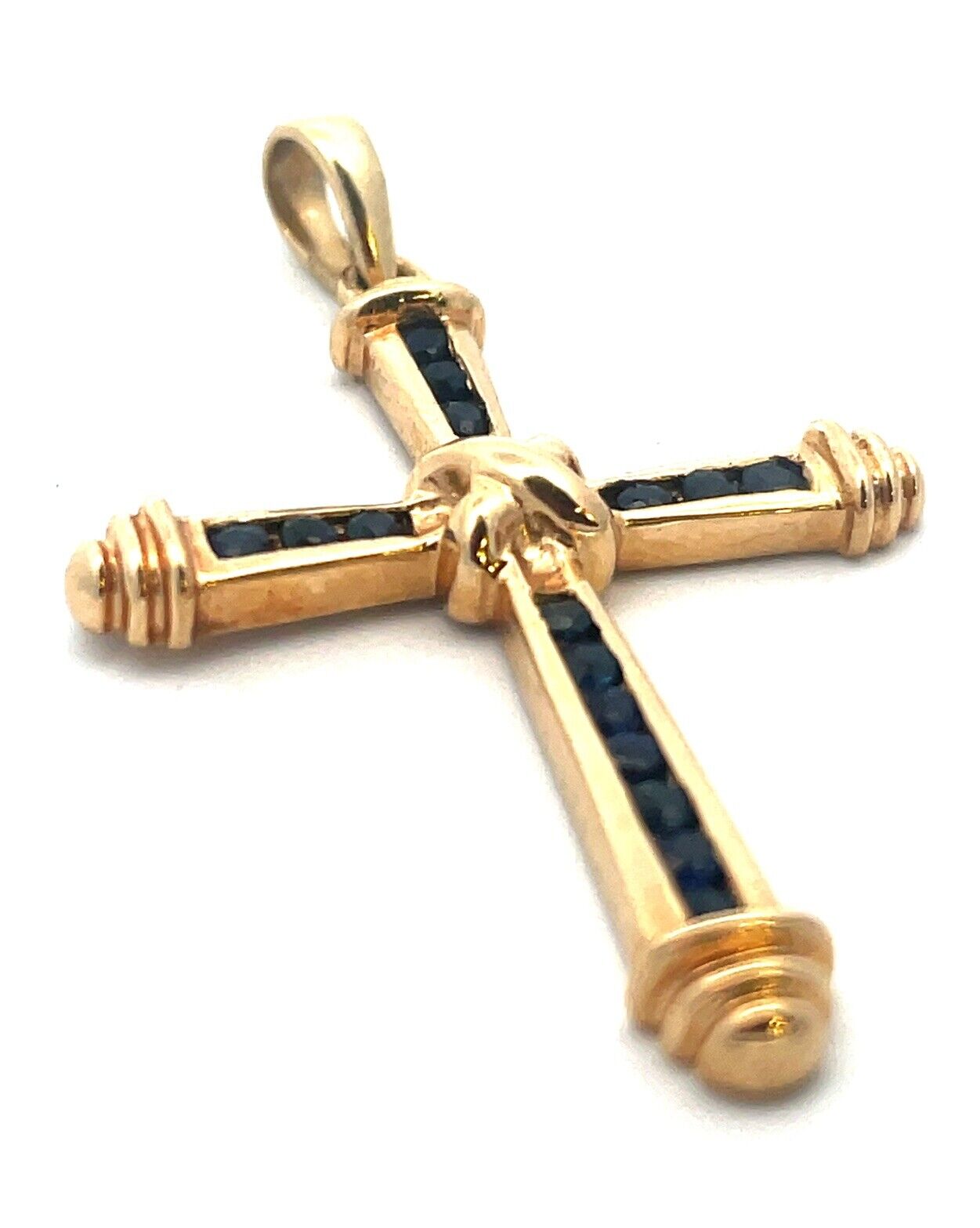 Designer 14K Yellow Gold Blue Sapphire Religious Easter Statement Cross Pendant