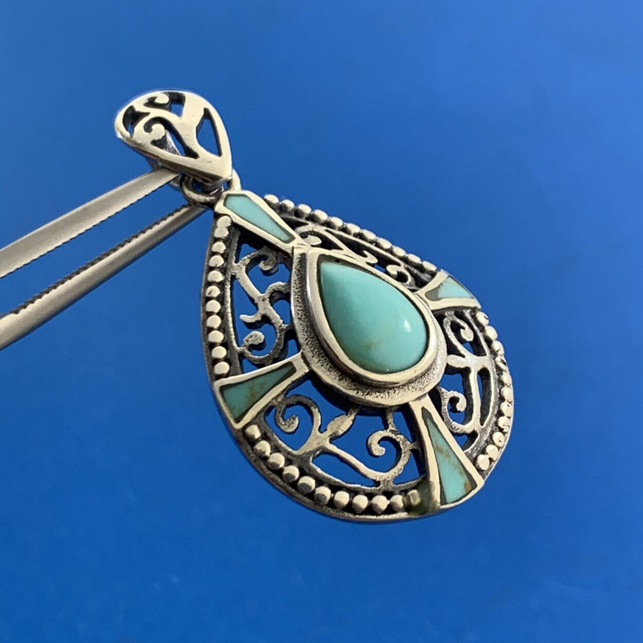 Balinese Style 925 Sterling Silver Pear Turquoise Bead And Scroll Pendant