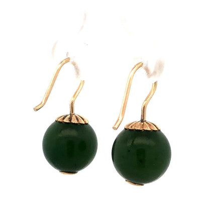 Estate 14K Yellow Gold Round Jade Ball Hook Dangle Earrings