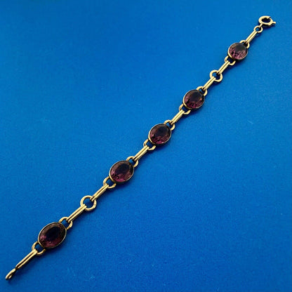 Vintage 12KT Gold Filled Oval Purple Amethyst Station Panel Link Bracelet