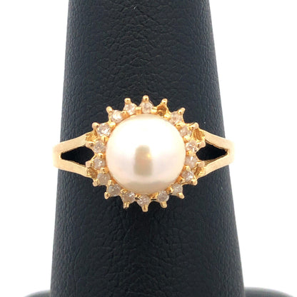 Designer 14K Yellow Gold Pearl Solitaire Diamond Halo Anniversary Cocktail Ring