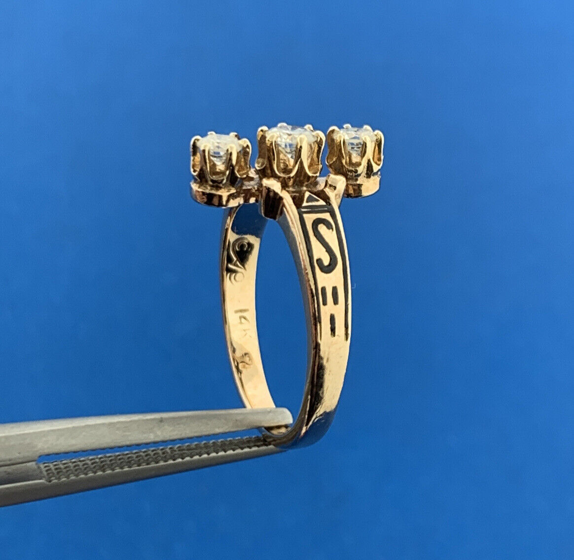 Art Deco Heirloom 14K Yellow Gold Diamond Trio Black Enamel Cocktail Ring