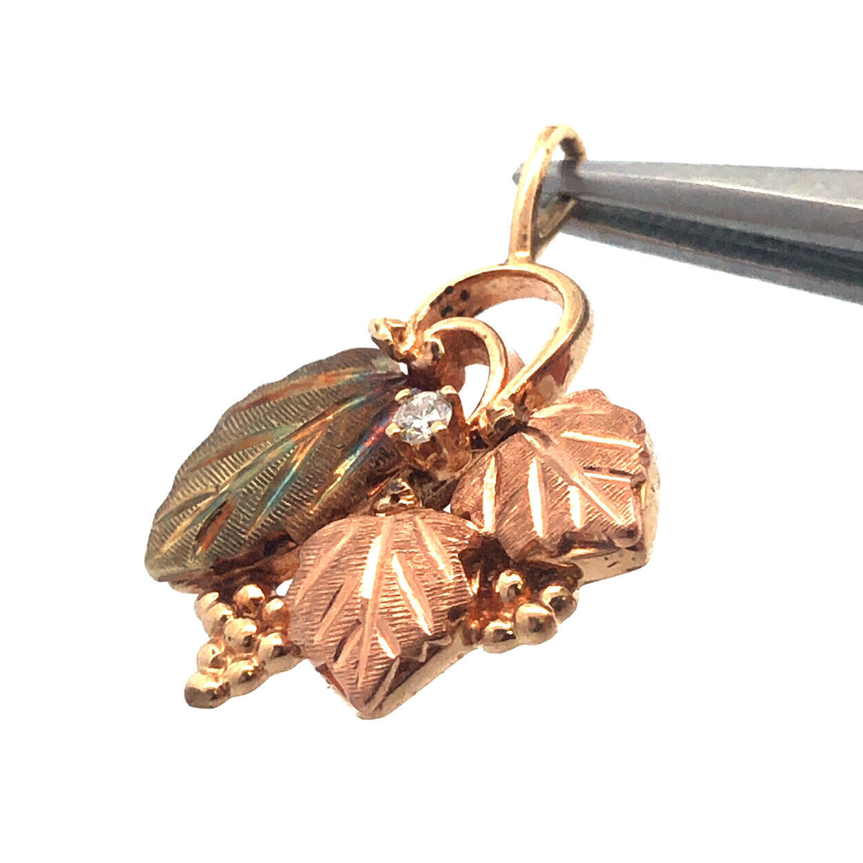 Retro 10K Yellow Rose Gold Two Toned Diamond Vine Grape Leaves Design Pendant