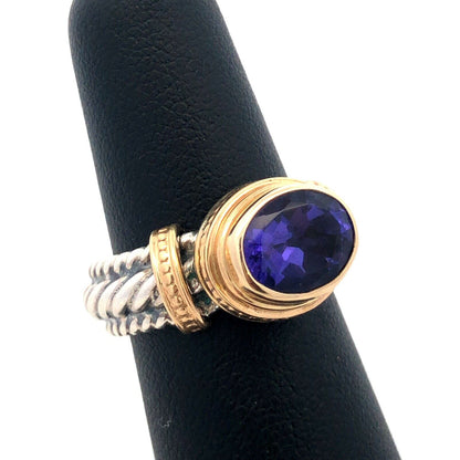 Designer Reve 925 Sterling Silver Two Tone Oval Purple CZ Twist Statement Ring