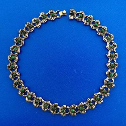 Mid Century Taxco Mexico 925 Sterling Silver Malachite Scroll Panel Necklace