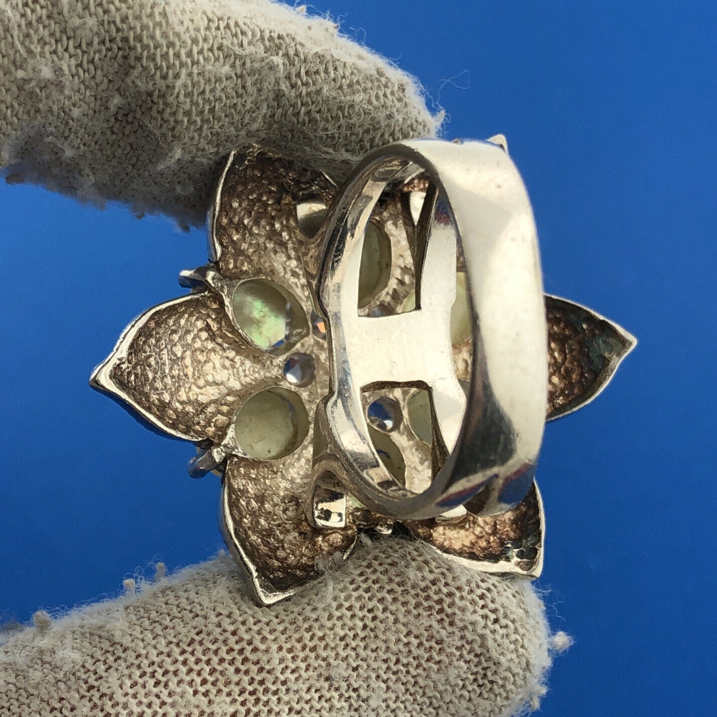 Sterling Silver FAS Cubic Zirconia CZ Moonstone Marcasite Flower Floral Ring