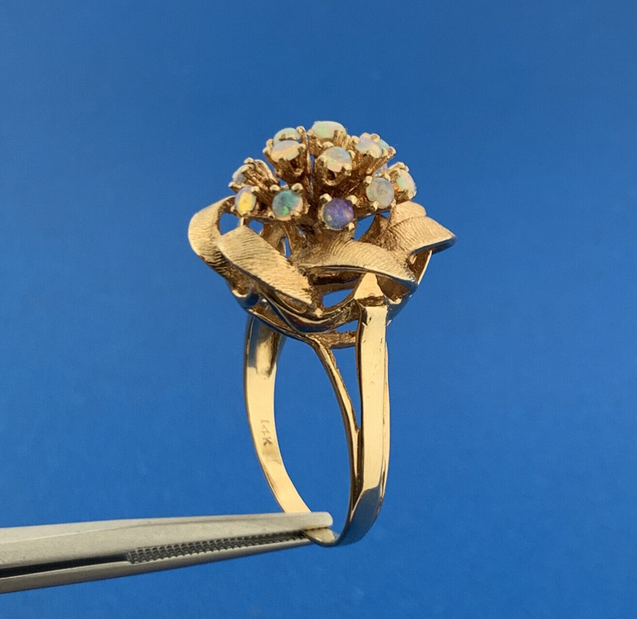 Mid Century 14K Yellow Gold Opal Flower Cluster Ribbon Statement Cocktail Ring