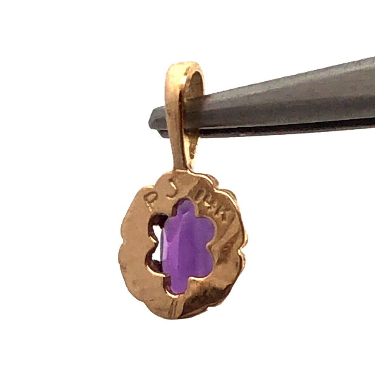 Designer PJ 14K Yellow Gold Oval Purple Amethyst Soliatire Flower Charm Pendant