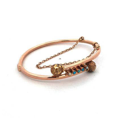 Vintage 10K Rose Gold Turquoise Pearl Textured Bypass Hinged Bangle Bracelet