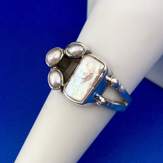Sterling Silver 925 Freshwater Pearl Mother Of Pearl Cabochon Free Form Ring