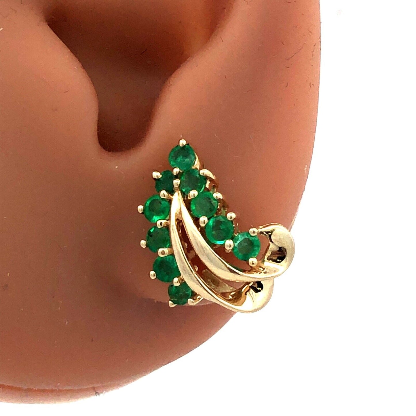 14K Yellow Gold Designer CET Round Green Emerald Leaf Statement Stud Earrings