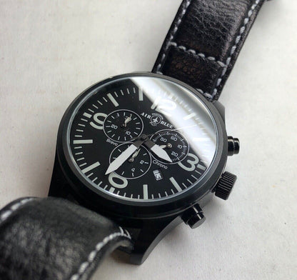 Air Blue Bravo Precision Pilot Mens Watch Chronograph Black Leather Strap In Box