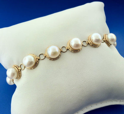 Vintage Elegant 14K Yellow Gold Pearl June Wedding Panel Link Bracelet