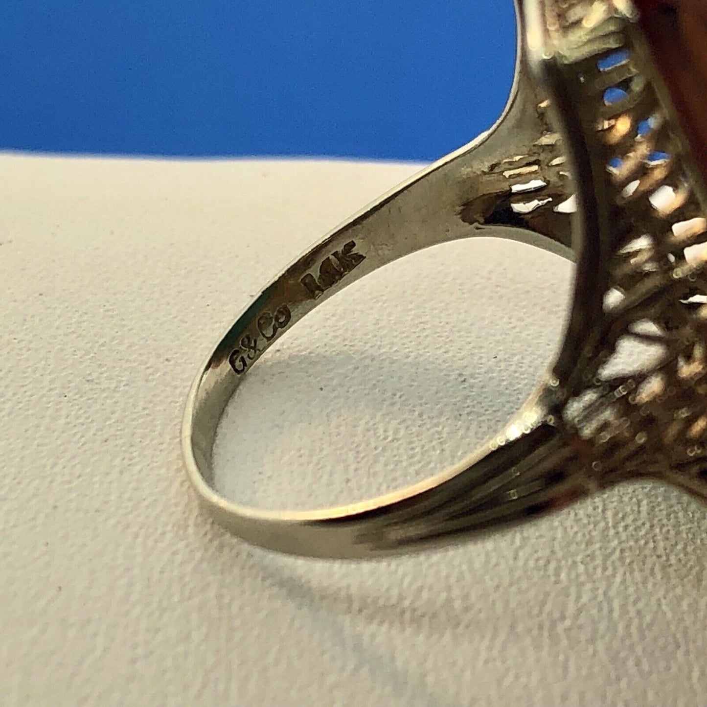 Art Deco Designer G & Co 14K White Gold Turquoise Filigree Statement Dinner Ring