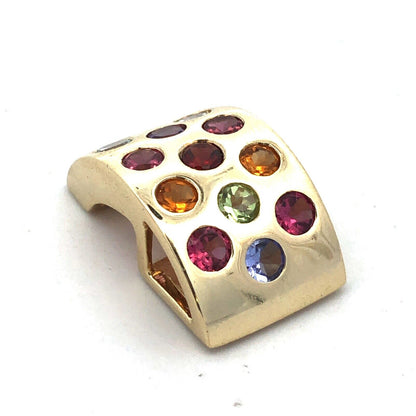 Designer 14K Yellow Gold Round Multi-Gemstone Rectangle Modernist Pendant