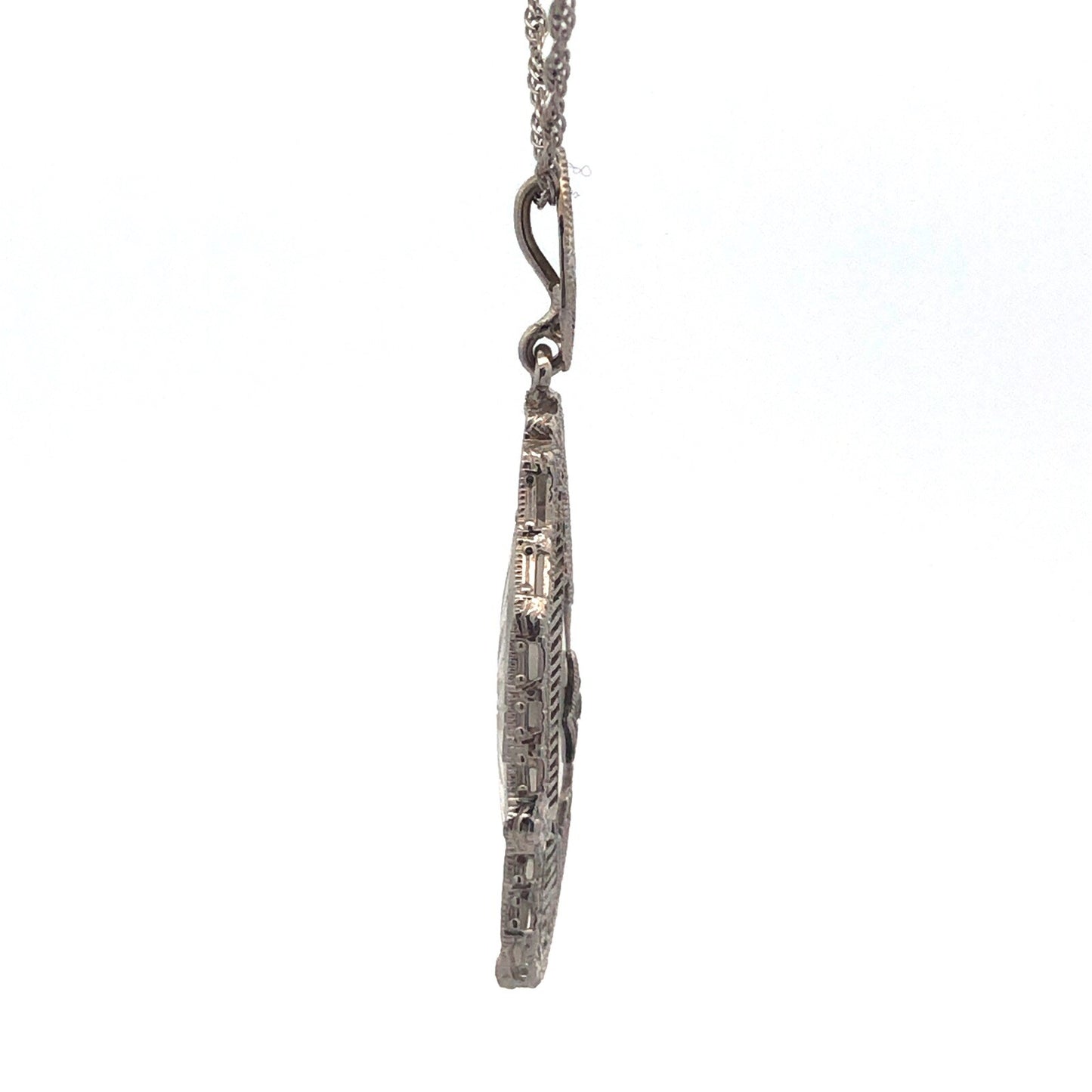 Vintage MSCo 14K White Gold Diamond Carved Art Glass Filigree Pendant Necklace