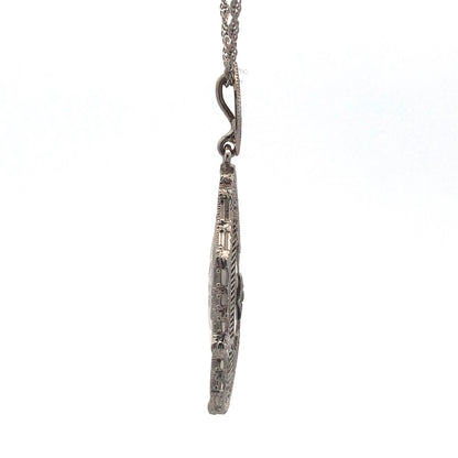Vintage MSCo 14K White Gold Diamond Carved Art Glass Filigree Pendant Necklace