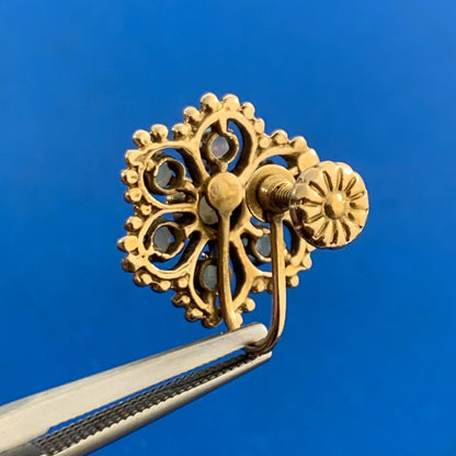 Vintage 14K Yellow Gold Opal Flower Cluster Screw Back Earrings