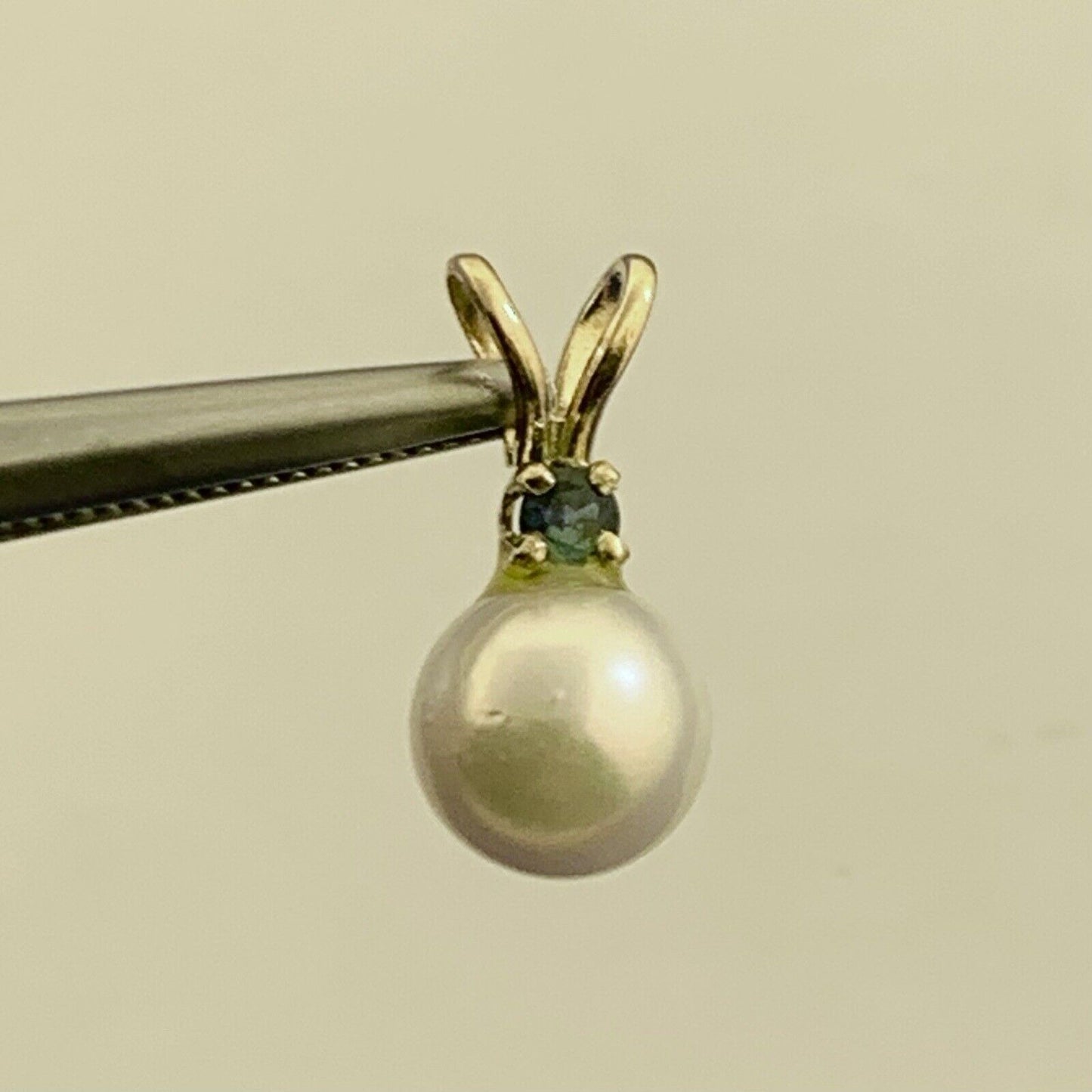 Designer 14K Yellow Gold Pearl Blue Sapphire Accent Drop Charm Pendant