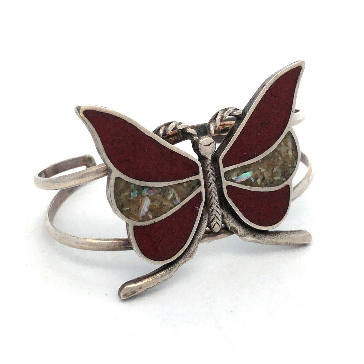 Native American Sterling Silver Coral Mother of Pearl Abalone Butterfly Bracelet