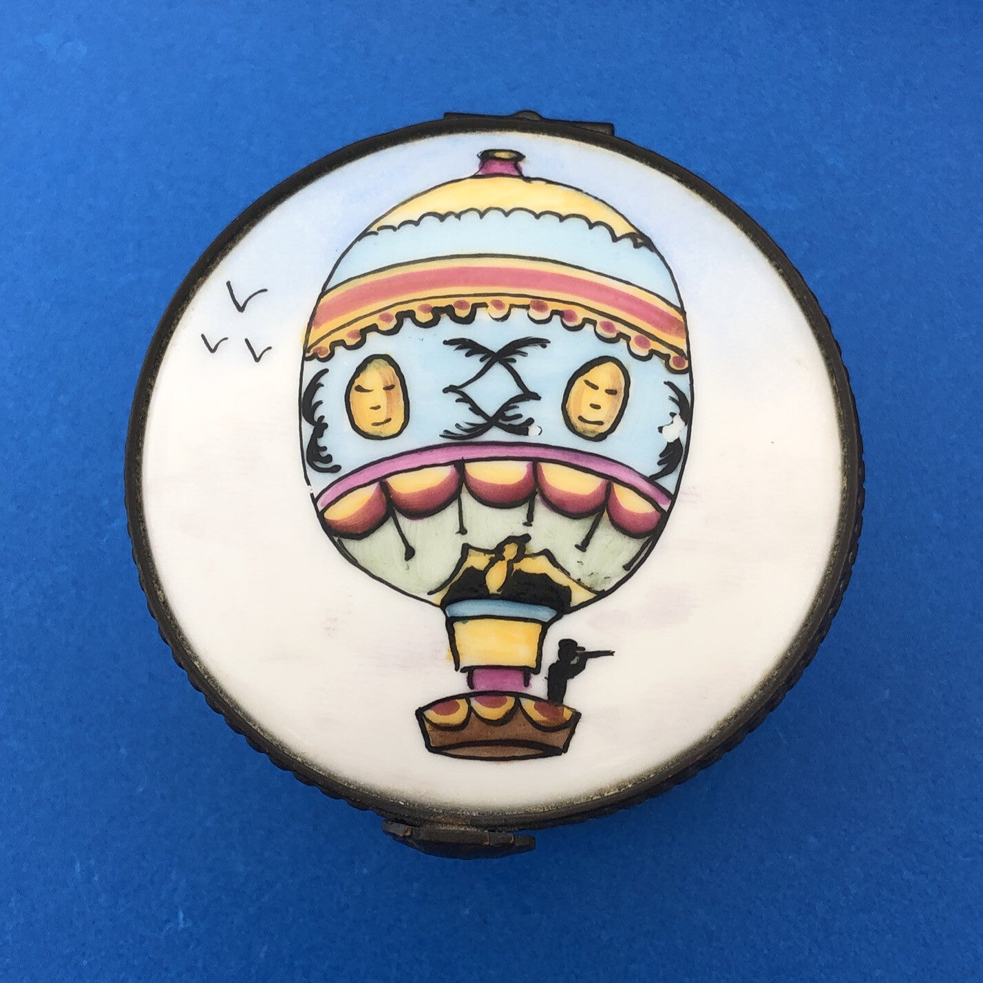 Vintage Limoges Hand Painted Porcelain Hot Air Balloon Round Hinged Trinket Box