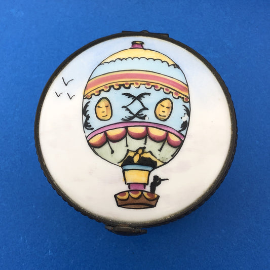 Vintage Limoges Hand Painted Porcelain Hot Air Balloon Round Hinged Trinket Box