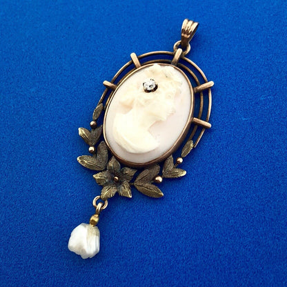 Victorian 10K Rose/Yellow Gold Pink Cameo Pearl Diamond Lavaliere Brooch Pendant