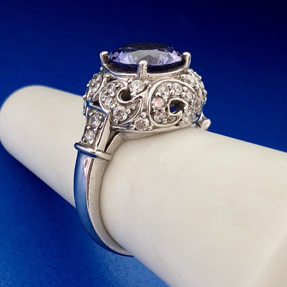 Gorgeous Sterling Silver 925 Purple Spinel Diamond Halo Statement Cocktail Ring