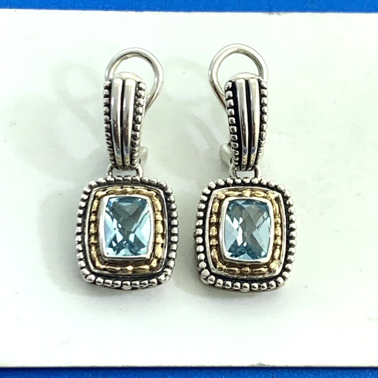 Designer 925 Sterling Silver 14K Gold Cushion Cut Blue Topaz Omega Back Earrings