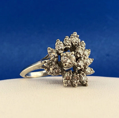 Art Deco 14K White Gold Diamond Free Form Heart Cluster Engagement Cocktail Ring