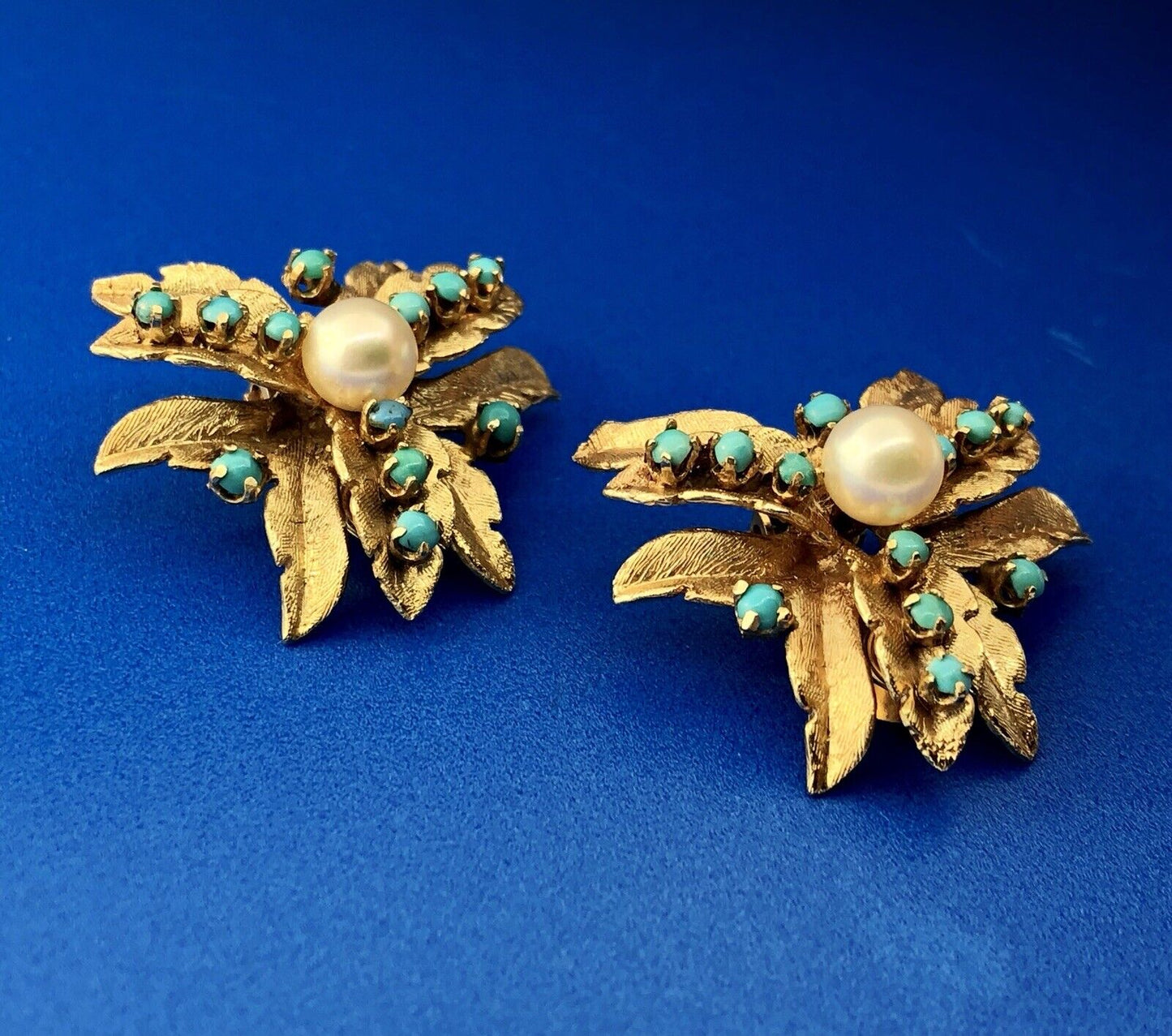 Vintage 14K Yellow Gold Pearl Turquoise Leaf Design Statement Clip Earrings