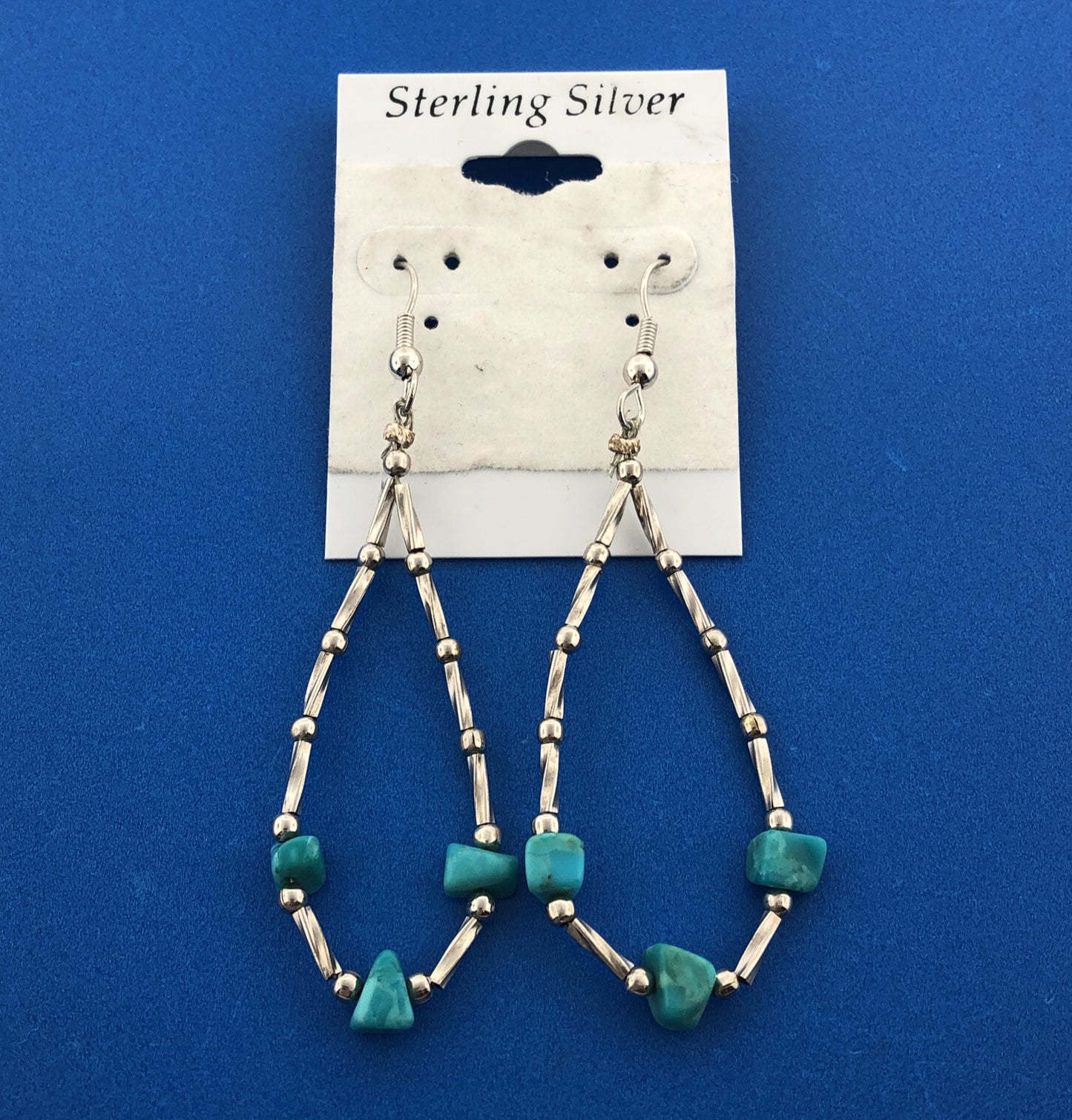 Vintage 925 Sterling Silver Turquoise Ball Beaded Oblong Soft Hoop Earrings