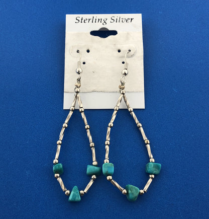 Vintage 925 Sterling Silver Turquoise Ball Beaded Oblong Soft Hoop Earrings