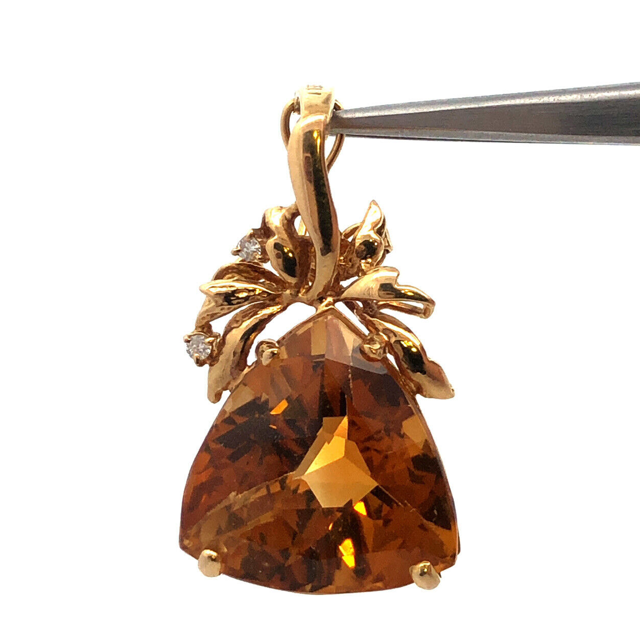 Vintage 14K Yellow Gold Trillion Citrine Diamond Accented Enhancer Pendant