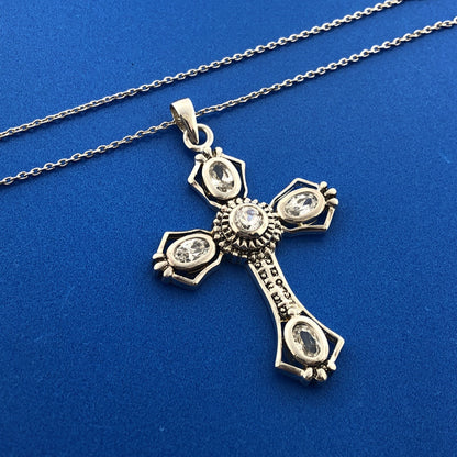Designer Sterling Silver 925 Cubic Zirconia Religious Cross Statement Necklace