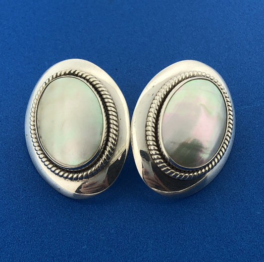 Designer WJ 925 Sterling Silver Oval Mother Of Pearl Statement Stud Earrings