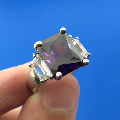 Dramatic Sterling Silver 925 Purple White CZ Statement Fashion Cocktail Ring