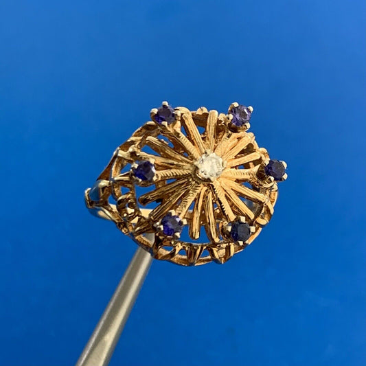 Designer 10K Yellow Gold Sapphire Diamond Starburst Crown Cocktail Ring